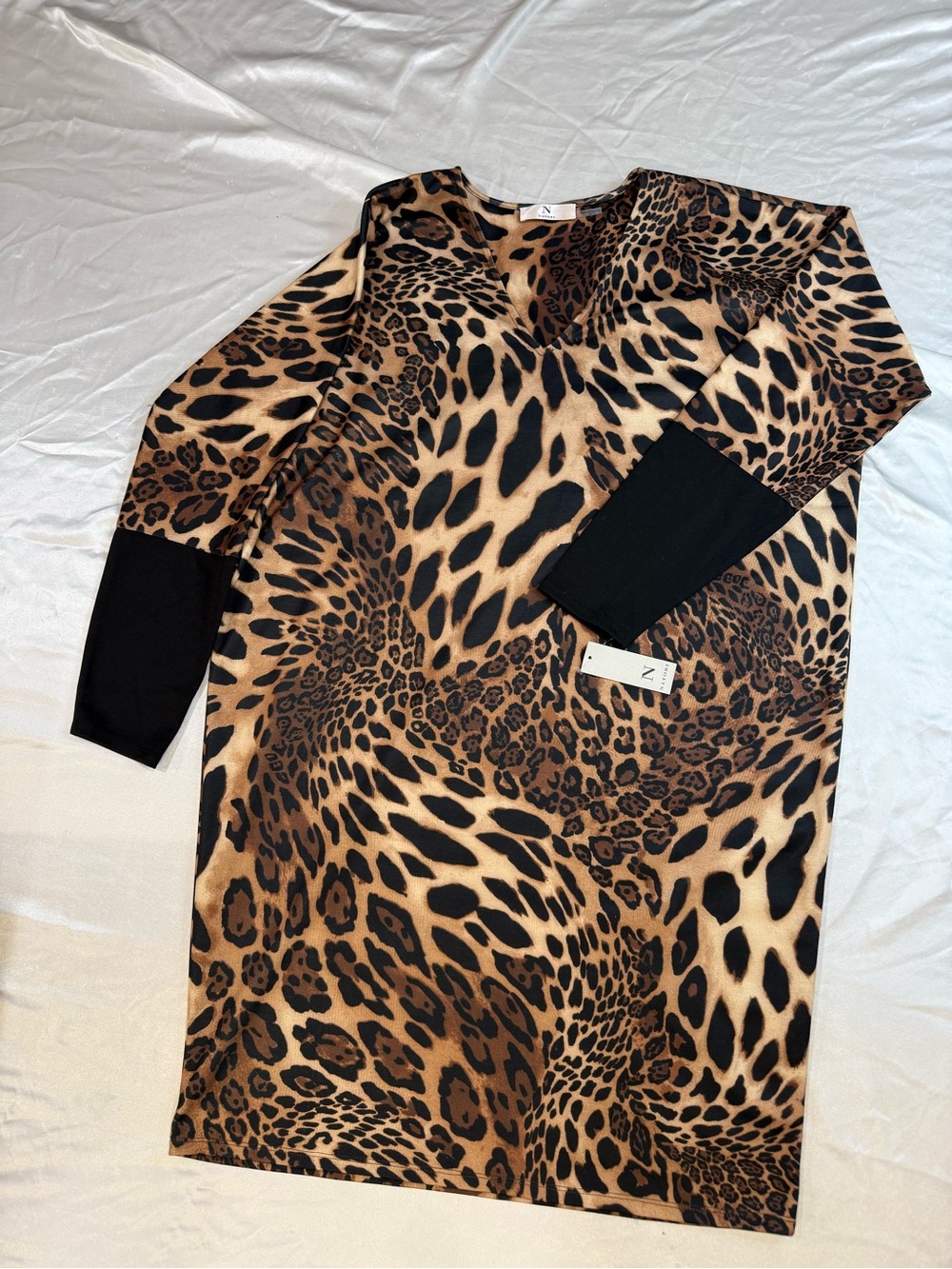 Natori Leopard Print V-Neck Dress with Black Cuffs